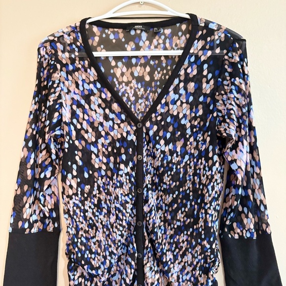 Mexx Mesh Black Blue & Lilac Pattern 3/4 Sleeve Ruched Button Up Blouse - Picture 2 of 14